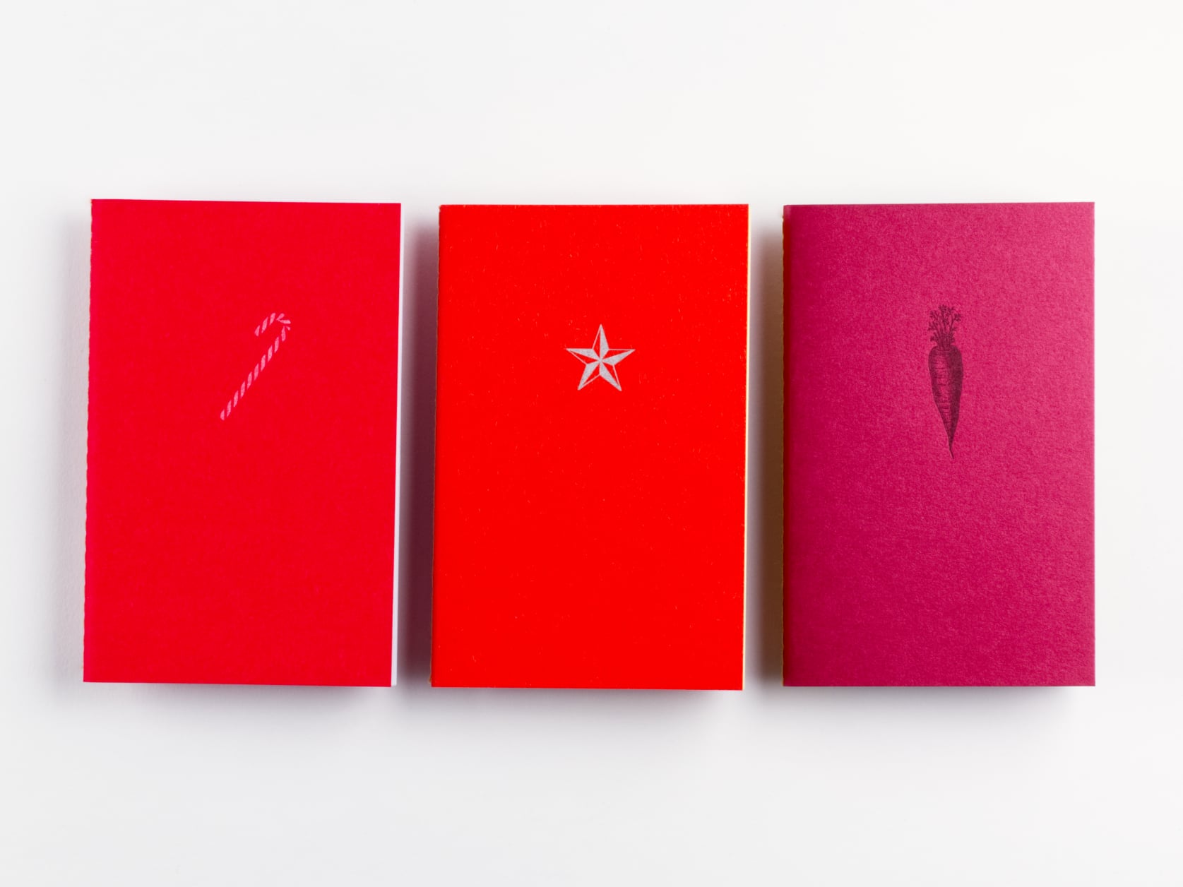 3 softcover notebooks positioned side by side. One red with a candy cane illustration, one orange with a star illustration and one magenta with a carrot illustration.