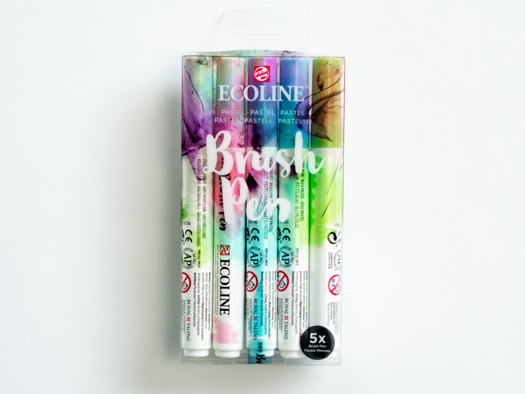 Transparent pack of five brushpens of varying pastel colours with Talens logo and the words Ecoline, Pastel, Brush Pen written on the package