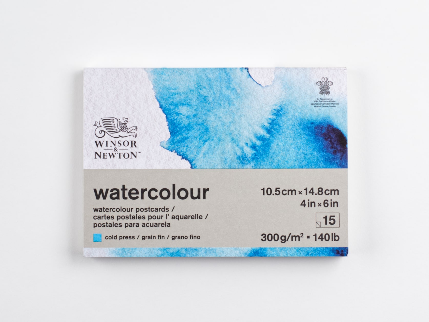 Cover of postcard pad with Winsor and Newton logo and text that reads: watercolour, watercolour postcards, coldpress, 10.5 cm x 14.8 cm, 15, 140lb.