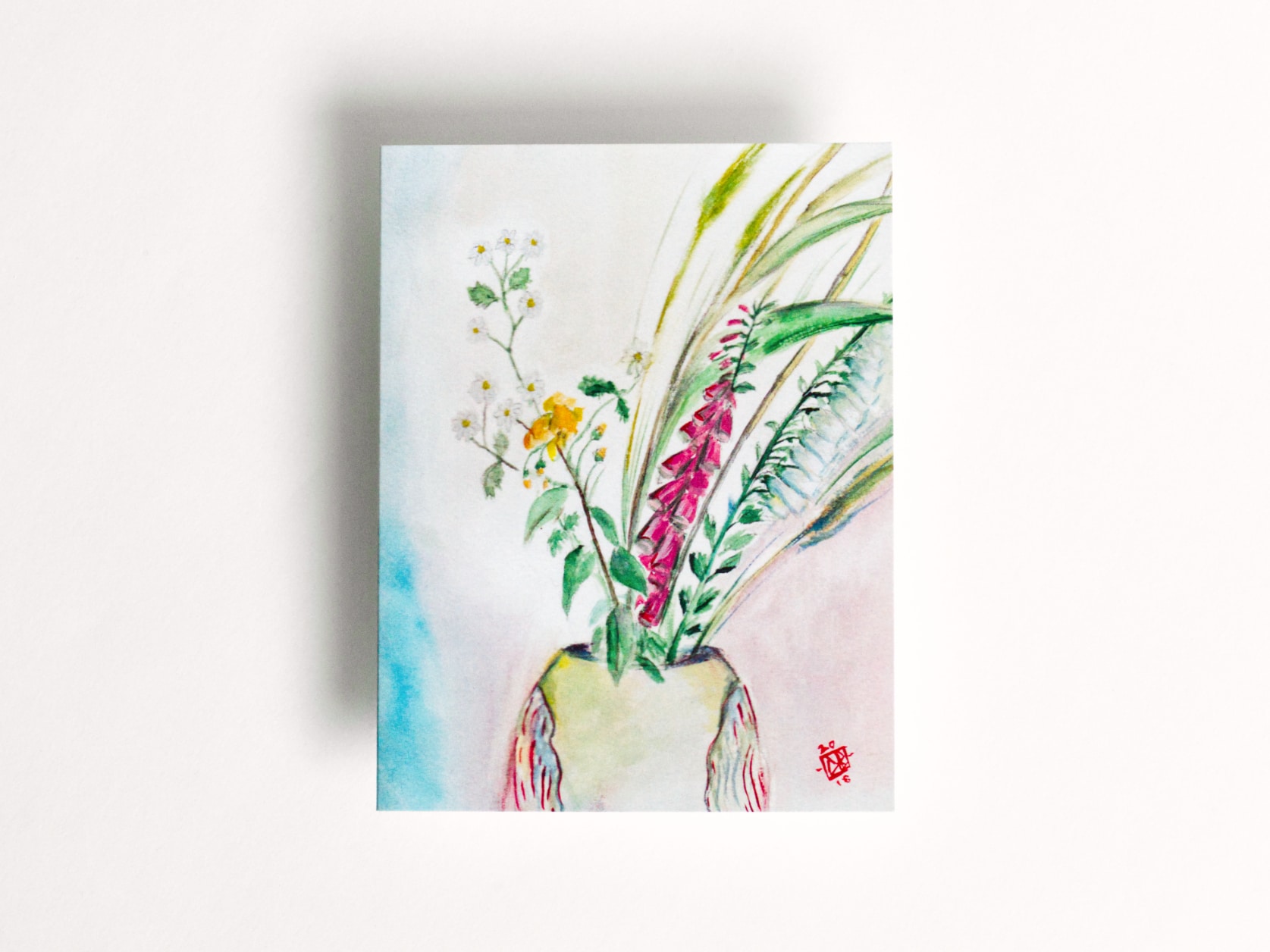 Card with painting of wildflowers in a vase